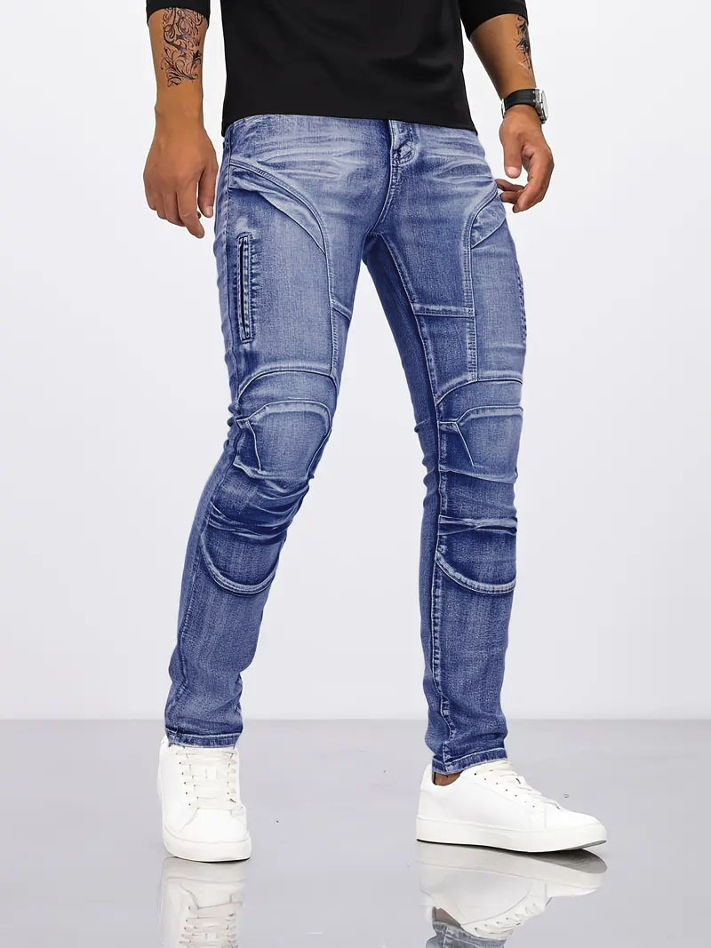Men Vintage Wash Biker Jeans, Multi Seam Stitching Zipper Decor Slim Fit Stretch Denim Pants, Retro Distressed Motorcycle Skinny Trousers