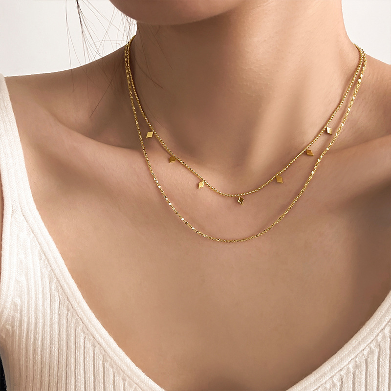 French Style Light Luxury Double Layer Diamond Sequin Titanium Steel Necklace For Women Fashion High-End Starry Sky Layered Collarbone Chain Choker