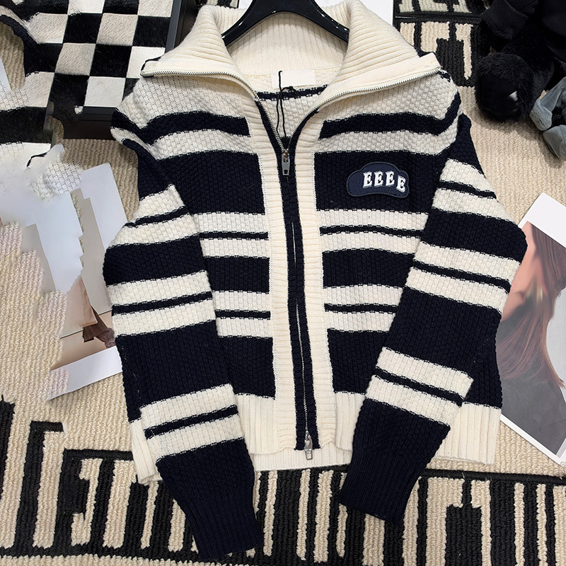 Korean Style Striped Cardigans for Women Chic Letter Lapel Collar Zip Sweater Jackets Women Autumn Thicken Fitted Cardigans