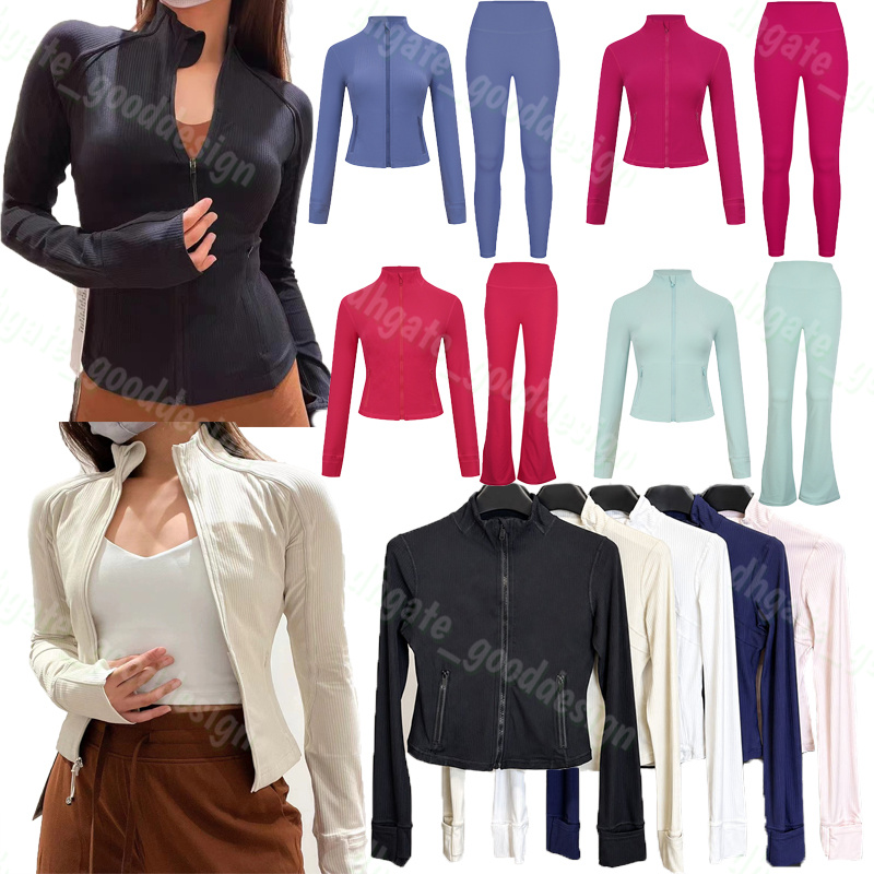 womens yoga jackets set Ribbon cropped jacket slimming running waist-shrinking fitness sport yoga suit Flared leggings set ropa deportiva mujer