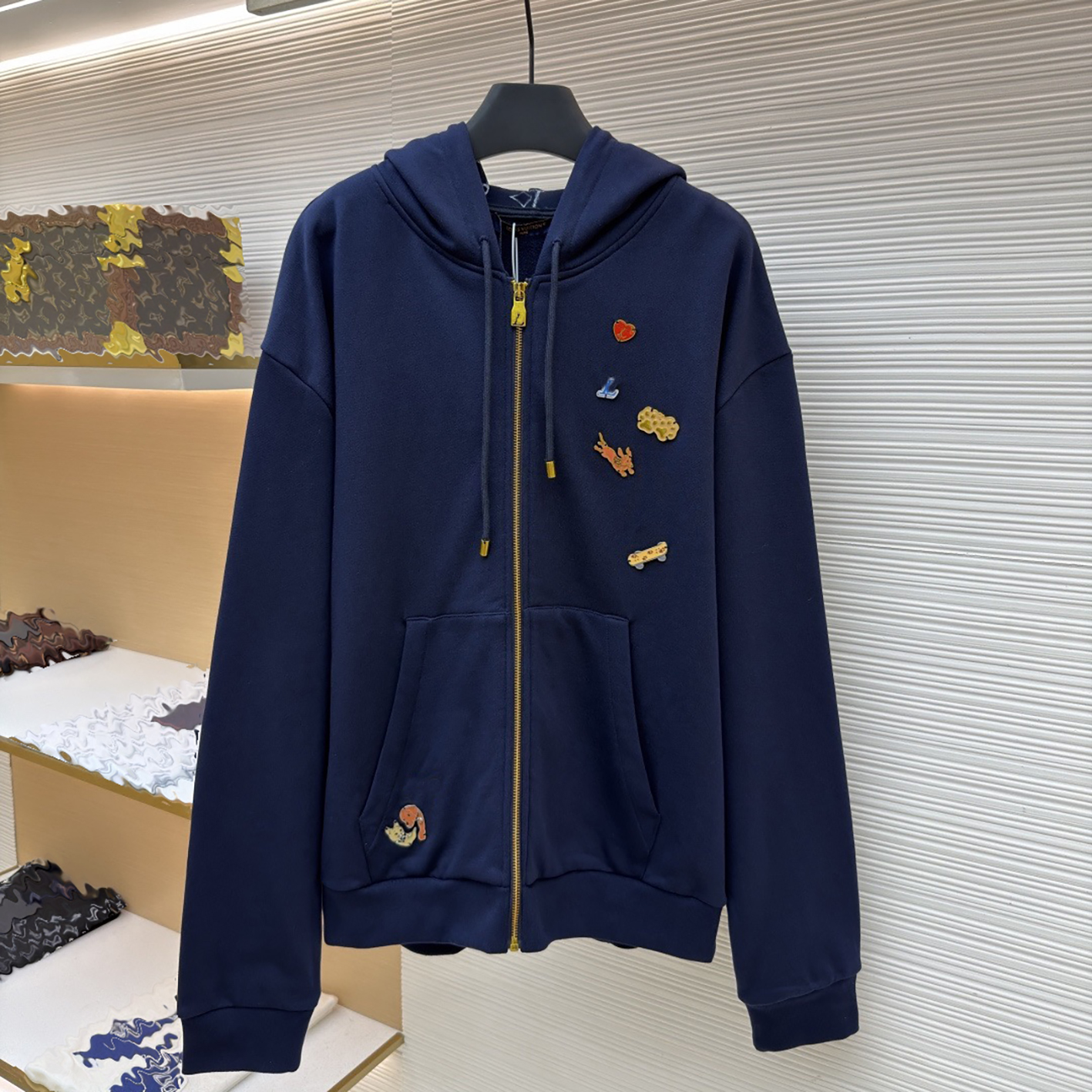Designer brand clothing, high-quality men's clothing, men's navy blue fun badge embroidery hooded cardigan sweatshirt | Cartoon patch embr