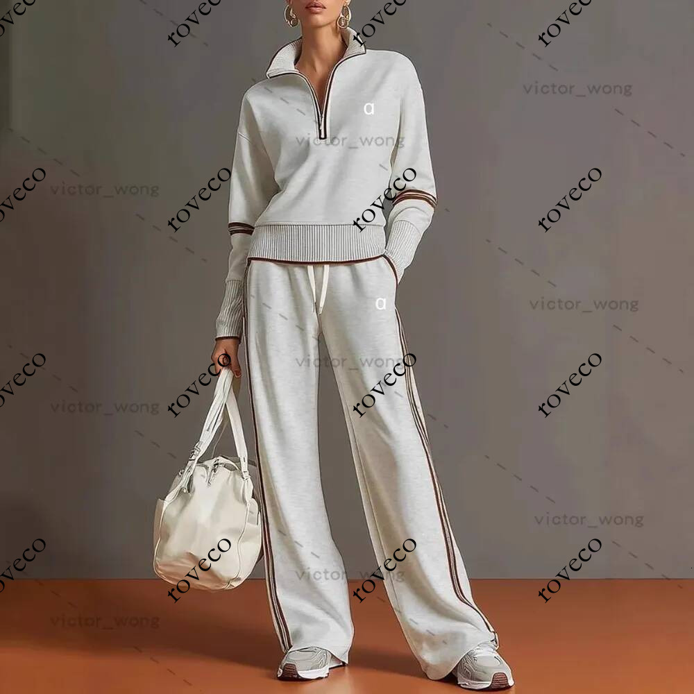 Designer Sweater Two piece Sports Suit Women Half Zip Knit Tracksuit Set Wide Leg Pants 2 Piece Outfit SH1008 Autumn