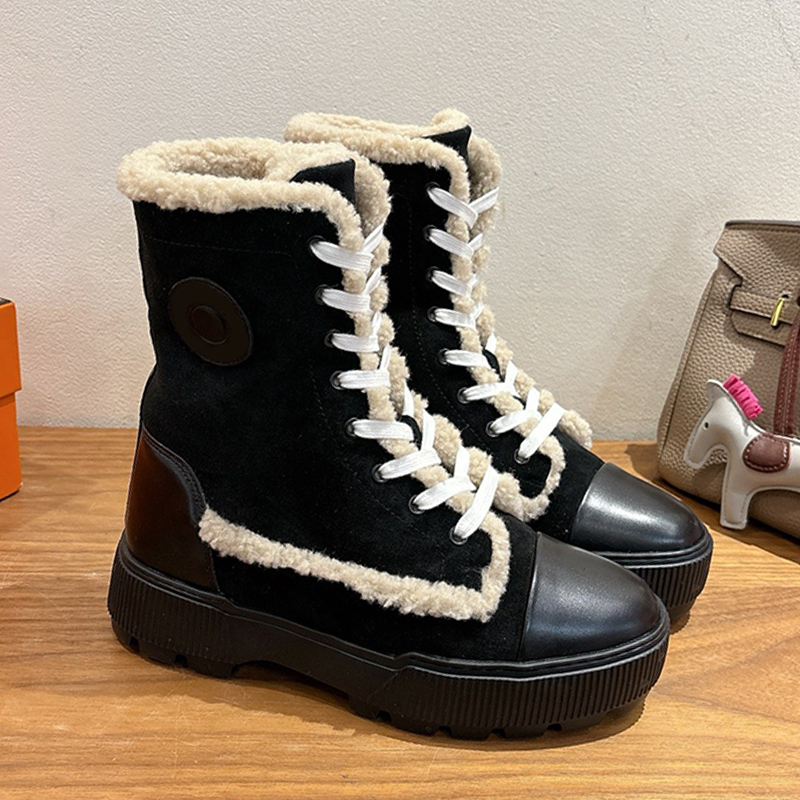 Womens Mens Shearling Lining Nordik Ankle Boots Designer Suede Goatskin Lace Up Ladies Snow Boots Luxury Round Toes Chunky Sole Short Boots Rubber S
