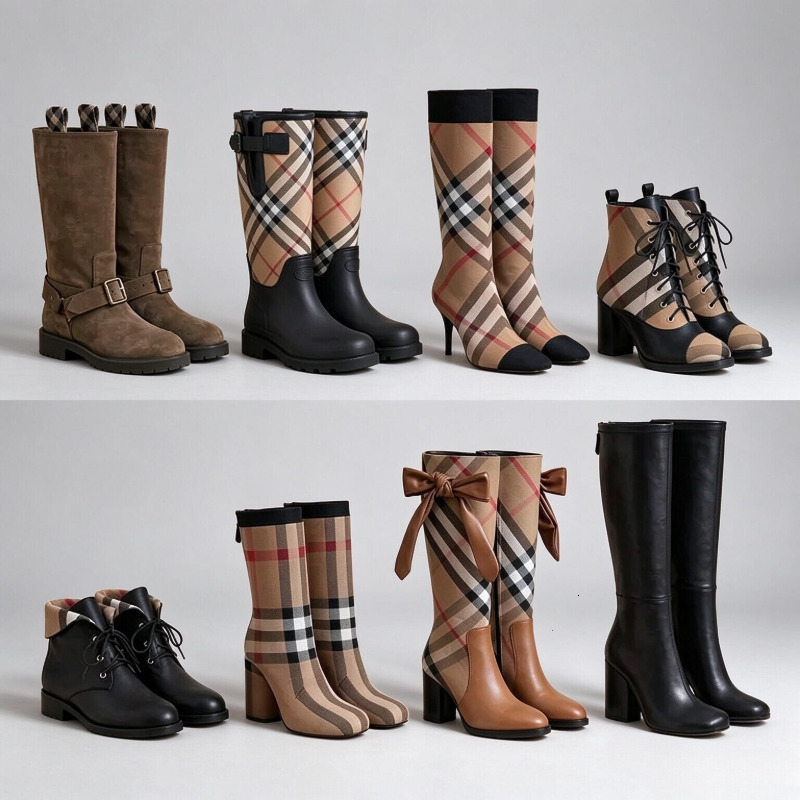 12A Botas Botas hasta la rodilla para mujer Botines de tobillo Patrón de cuadros a cuadros de diseñador Botas largas altas de cuero Calzado de vario