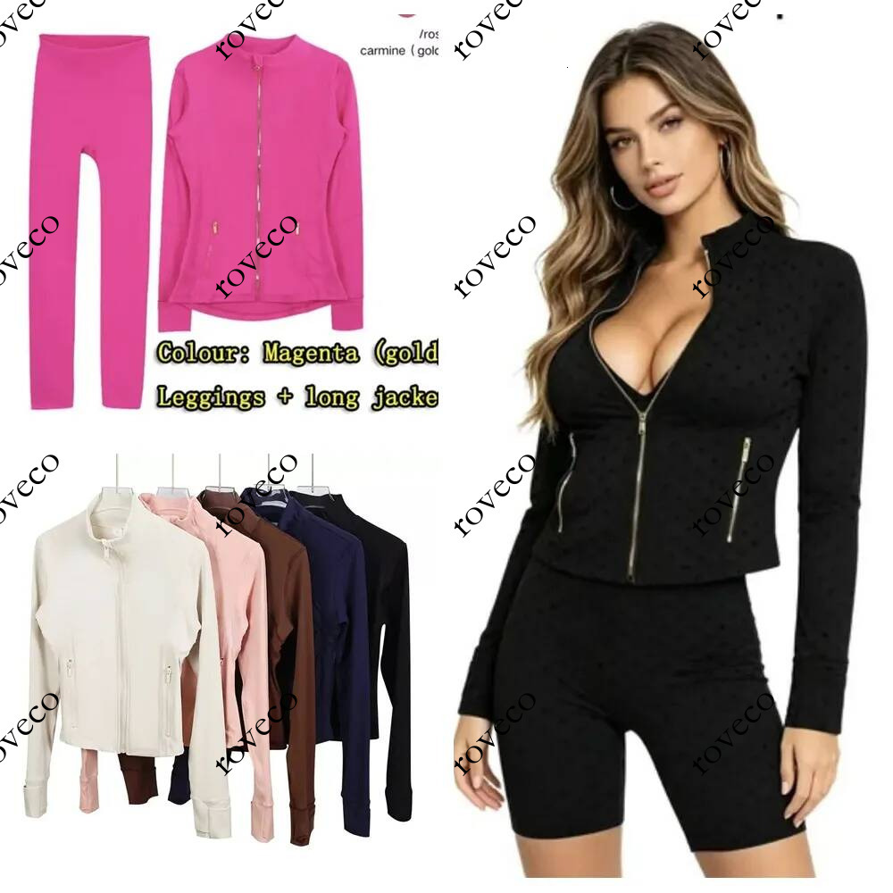 women sets Gold zipper Women Workout Sport Coat Fitness Jacket Sports Quick Dry Activewear Top Solid Zip Yoga Set hot sale