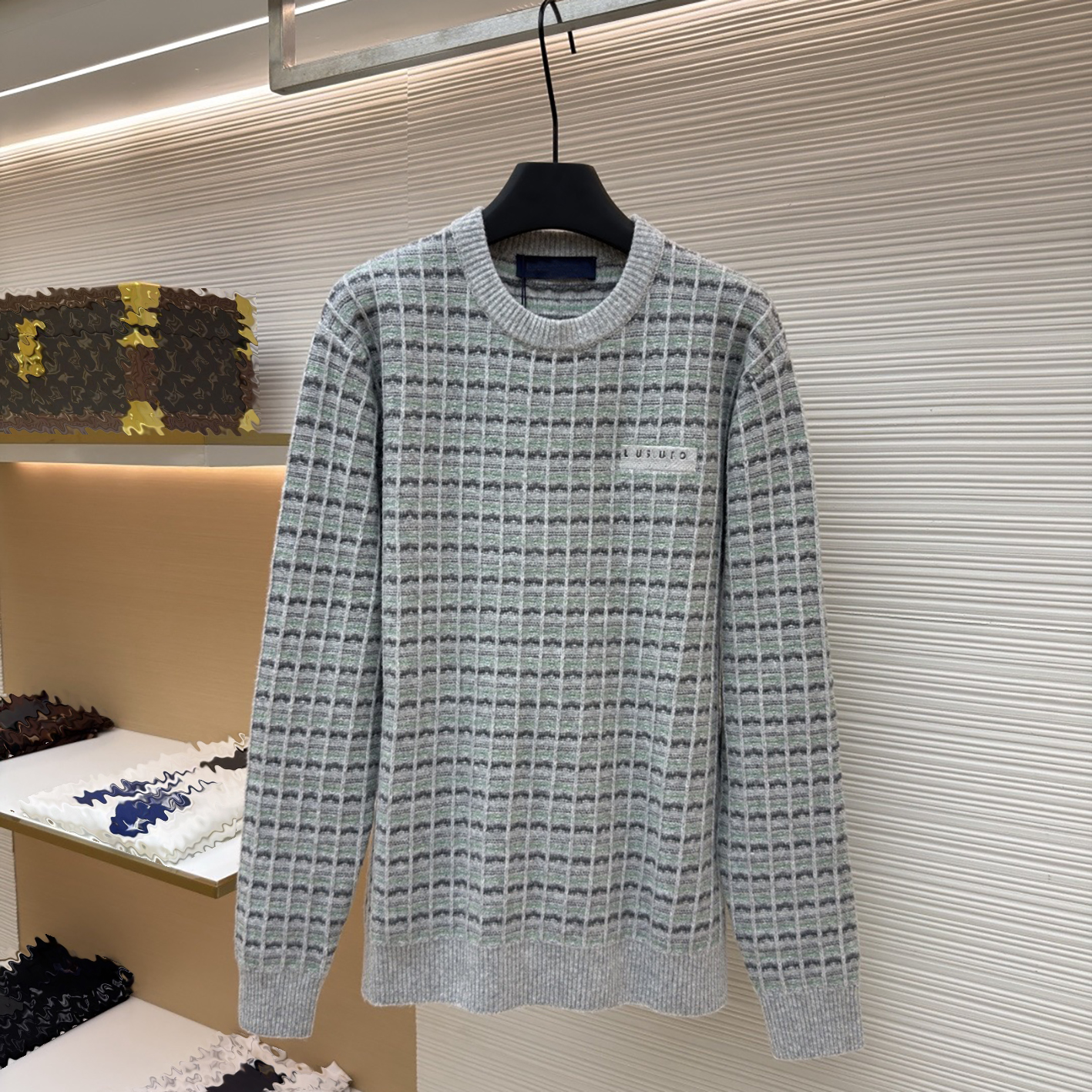 Designer Brand Clothing High Quality Men's Grey Tone Grid Round Neck Knitted Sweater | Fine Grid Contrast Texture Knitted Sweater | Unisex Simp