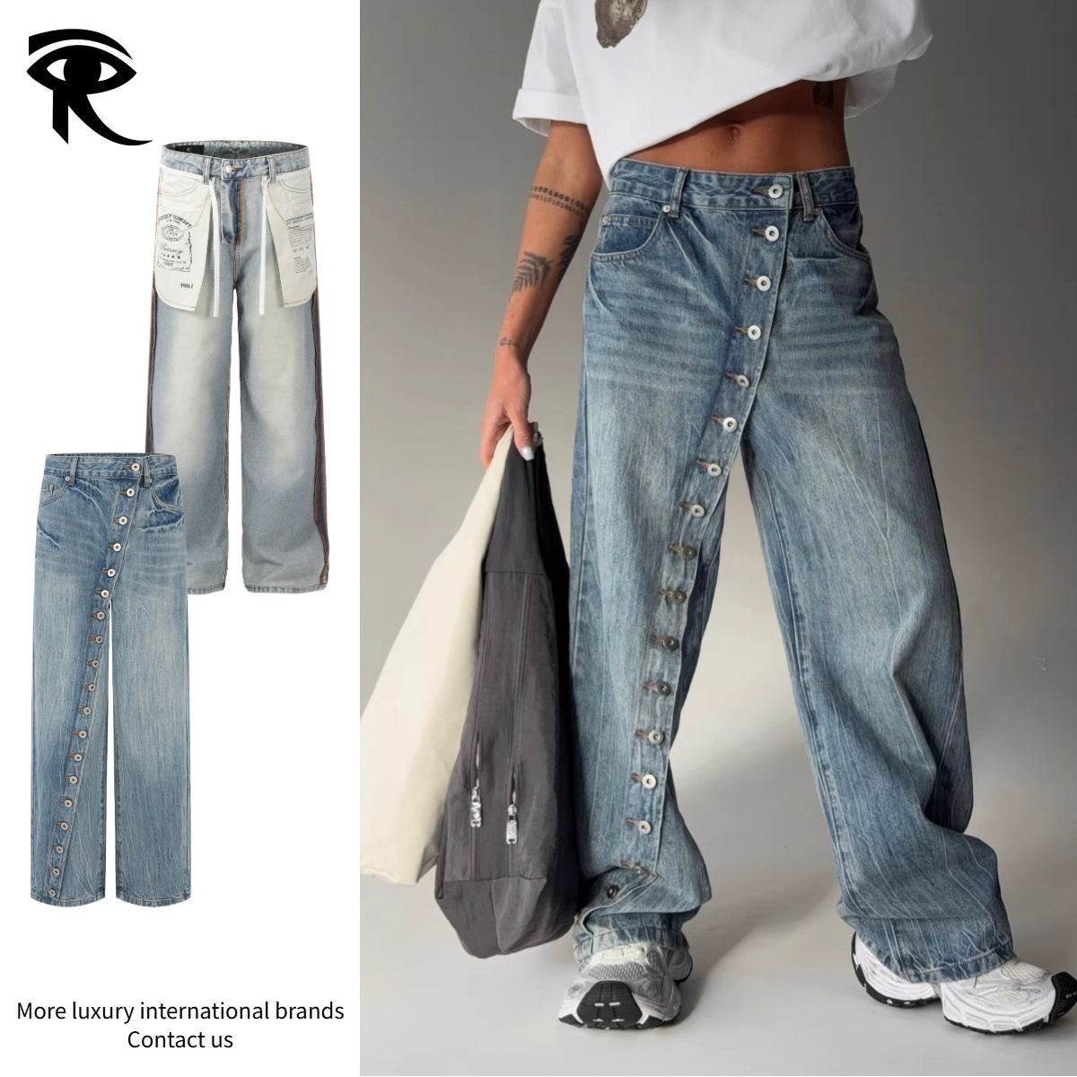 American Y2K Spice Girl Asymmetrical Placket Button Jeans Unisex Vintage Distressed Washed Loose Wide Leg Denim Pants Original Fashion Designer Deni