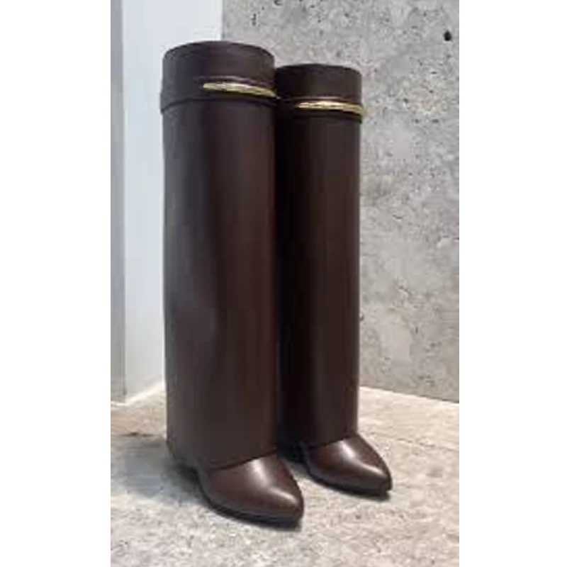 Pointed Toe Metal Buckle Wedge High Knee Trousers Boots Woman Winter 2026 Slip-On High Heel Long Boots Fashion Party Dress Boots
