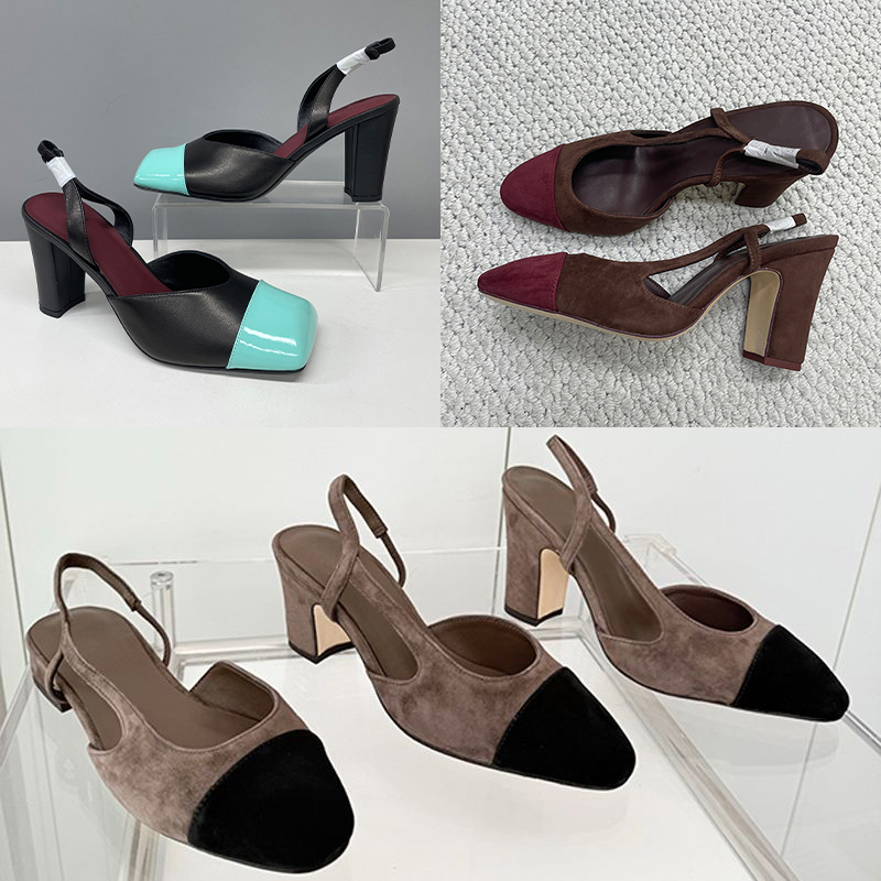 Designer Slingback Heels Women Dress Shoes Suede Leather Square Toe Block Heel Leather Top Quality Fashion Ladies Luxury Slingbacks Party Wedding Dr