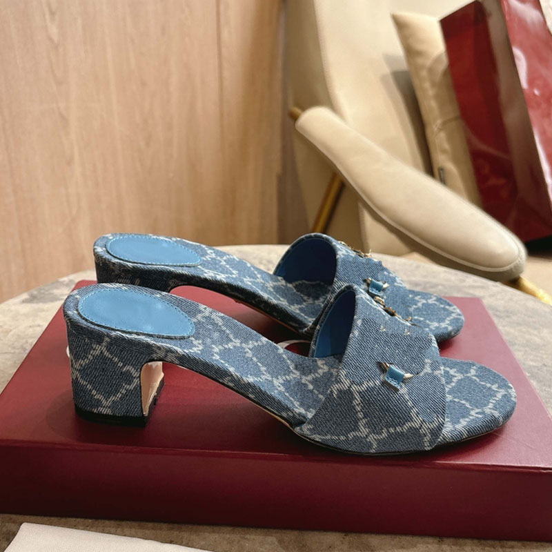 Womens Slide Sandal With Horsebit 854882 Ladies Mid Heel Style Sandals Designer Metal Buckle Slippers Blue GG Denim Leather Sole Size 35 42