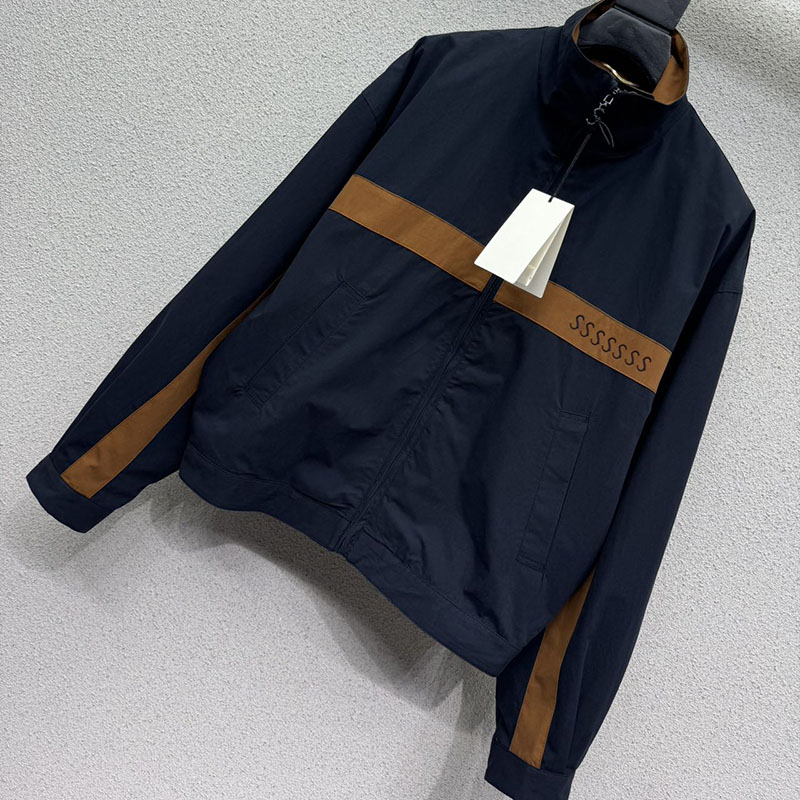 Women Blue Brown Striped Windbreaker Coat Designer Embroidered Zipper Up Jacket Spring Autumn Street Style Vacation Outerwear Vest Blouse Polo Shirt