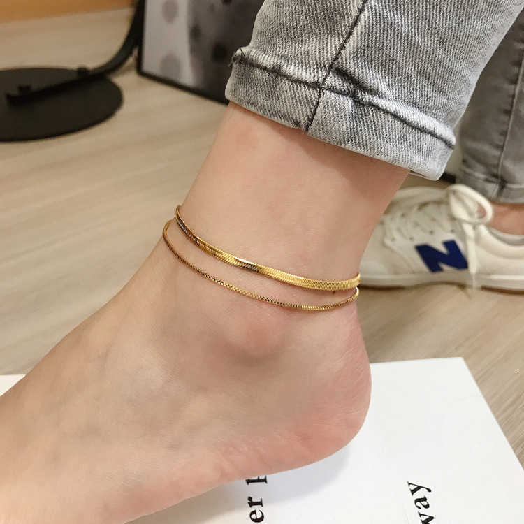 Korean Fashion 18K Gold Double Layer Snake Bone Chain Titanium Steel Anklet For Women Ins Cool Style Minimalist Internet Celebrity Foot Jewelry