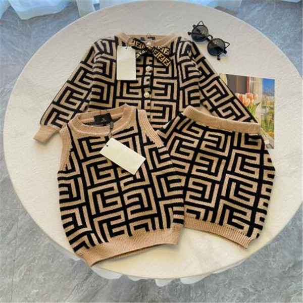 Designer Kids Clothing Sets Girls Comfortable Cardigan+vest+skirt 3-piece Outfits Fashion Children Clothe Bowknot Knitted Dress Suit