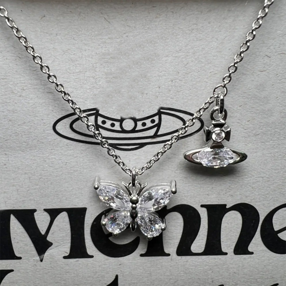 Classic Designer Silver Plated Zircon Butterfly Planet Pendant Asymmetrical Earring Necklace A Luxurious Exquisite Gift Suitable For Women Casual St