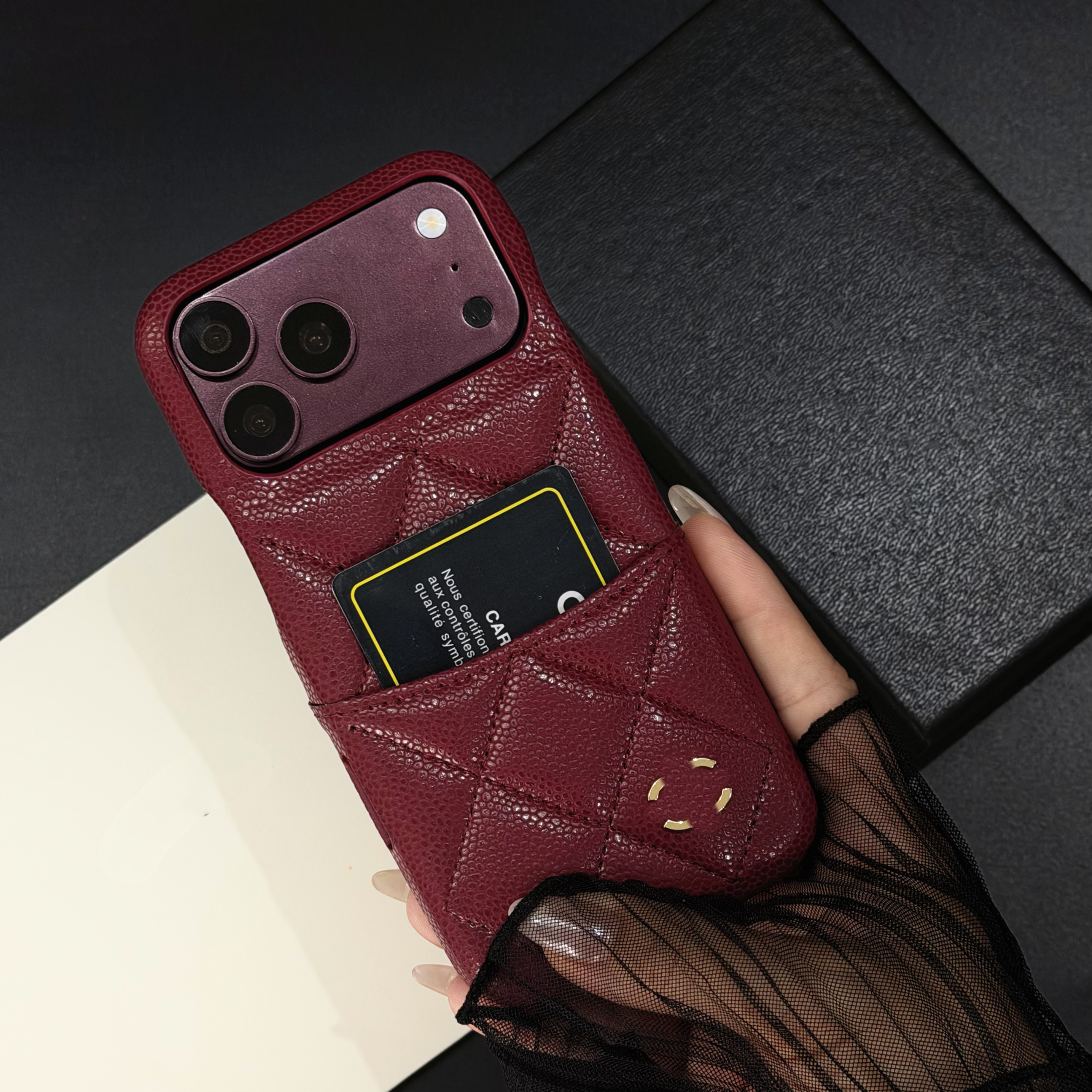 iPhone 18 Pro Max Case Burgund Leather Wallet Phone Case for iPhone 17 Pro Max 16 15 14 13 16 Plus 17 AIR Phonecase Designer Caviar Quilted Shockpro