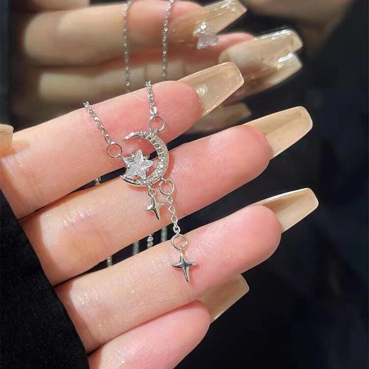 Super Fairy-Like Sweet Star Moon Tassel Romantic Full-Diamond Micro-Inlaid Necklace For Women, Light Luxury, Exquisite And High-End, Ins-Style Colla