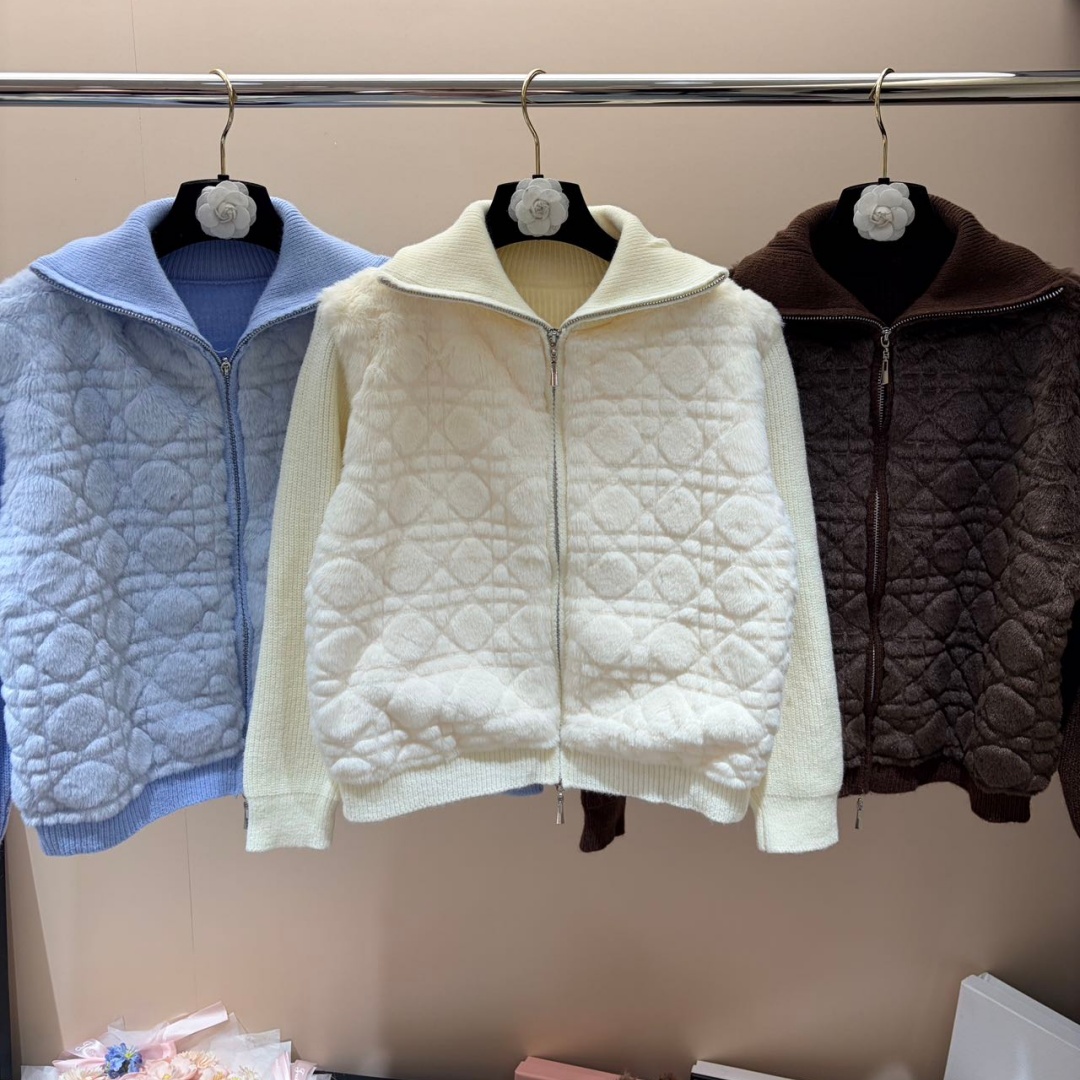 Women Autumn Winter Zip Up Knit Jacket, Premium Furry Quilted Plush Splice Sweater Coat, Multi Colors, Hip Hop Casual Street Travel Vacation Fashion
