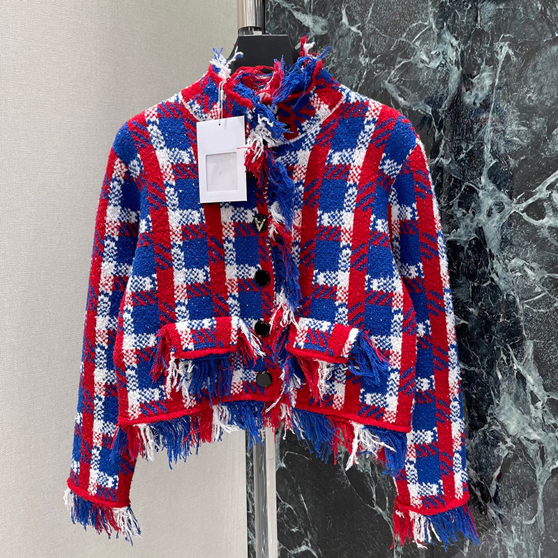 Rouge bleu Plaid Tencel tricot pull Cardigan Vintage femmes court revers cou tricots élégant fête d'anniversaire mariage dîner vacances Cardigans