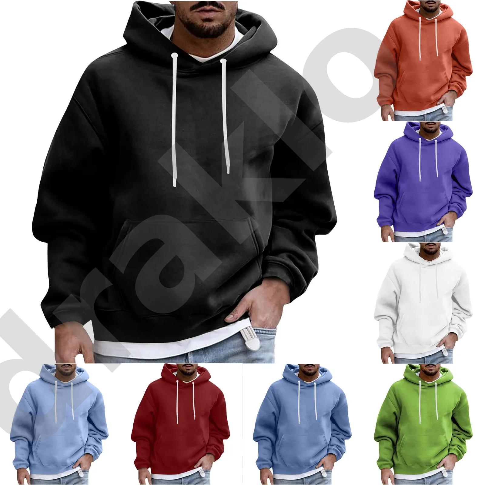 Pull à capuche de couleur unie pour hommes multicolore, sweat-shirt surdimensionné à épaules tombantes avec poche kangourou à cordon blanc, haut