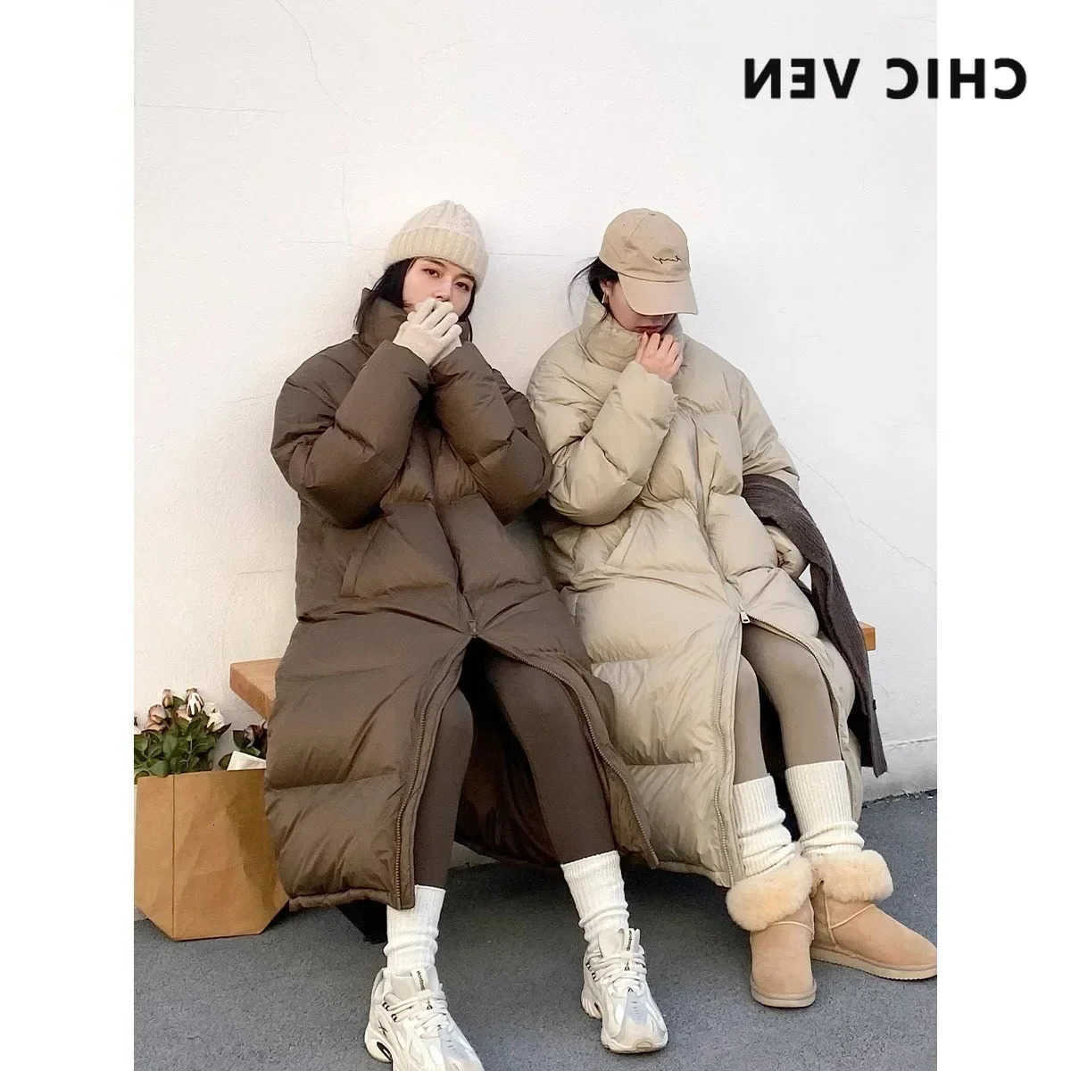 Women VEN Down Coats Long Thick Warm Down Jackets Overcoat White Duck Down Jacket Autumn Winter 2023 S2610145XYO