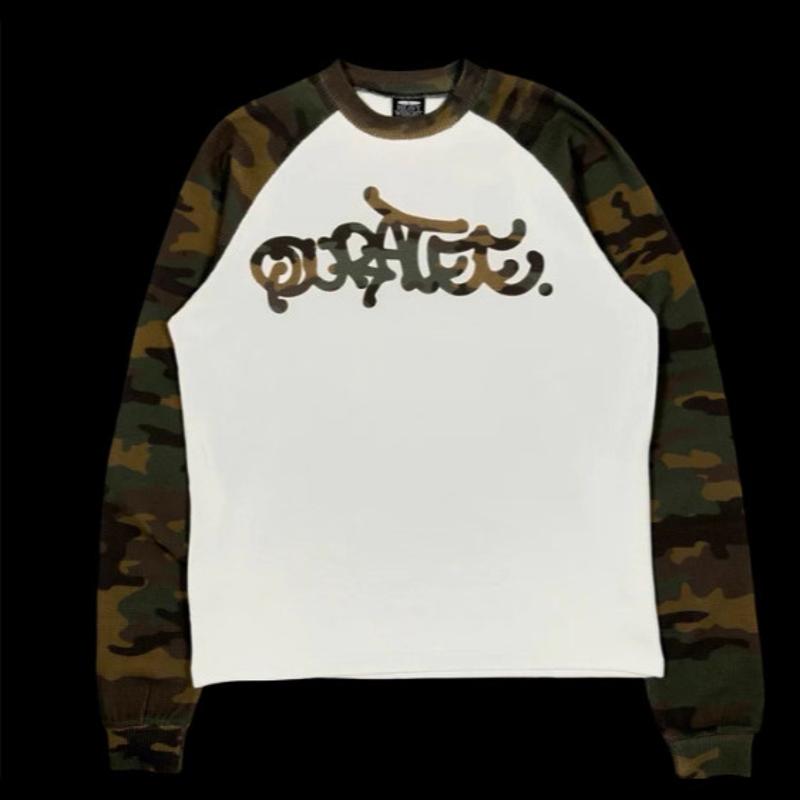 Vintage Camo Raglan T-shirt à manches longues unisexe Graffiti lettre imprimé col rond haut rétro Streetwear bloc de couleur coupe ample graphiqu