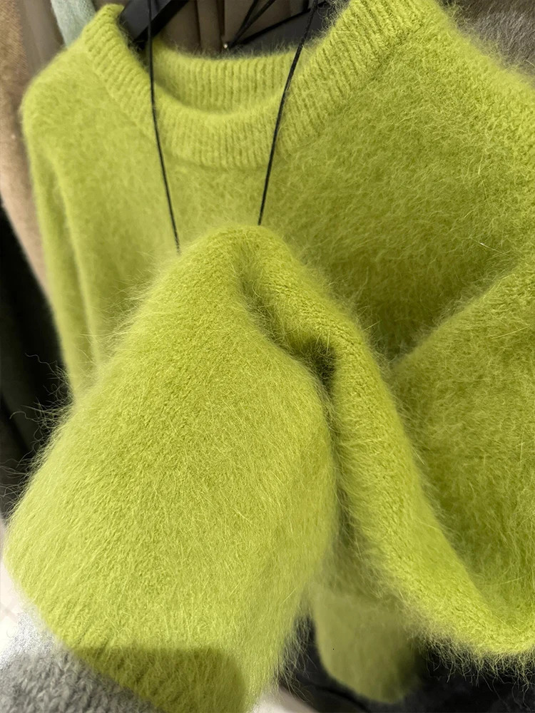 Soft Cozy Green Mink Velvet round Neck Pullover Sweater Women's Autumn Winter Outerwear Thickened Knitted Top for Ladies 261008