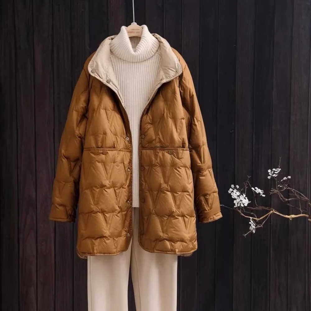 Autumn 2024 Winter Women Long White Duck Down Jacket Female SingleBreasted Double Sided Puffer Jacket Women S261014ZN1S