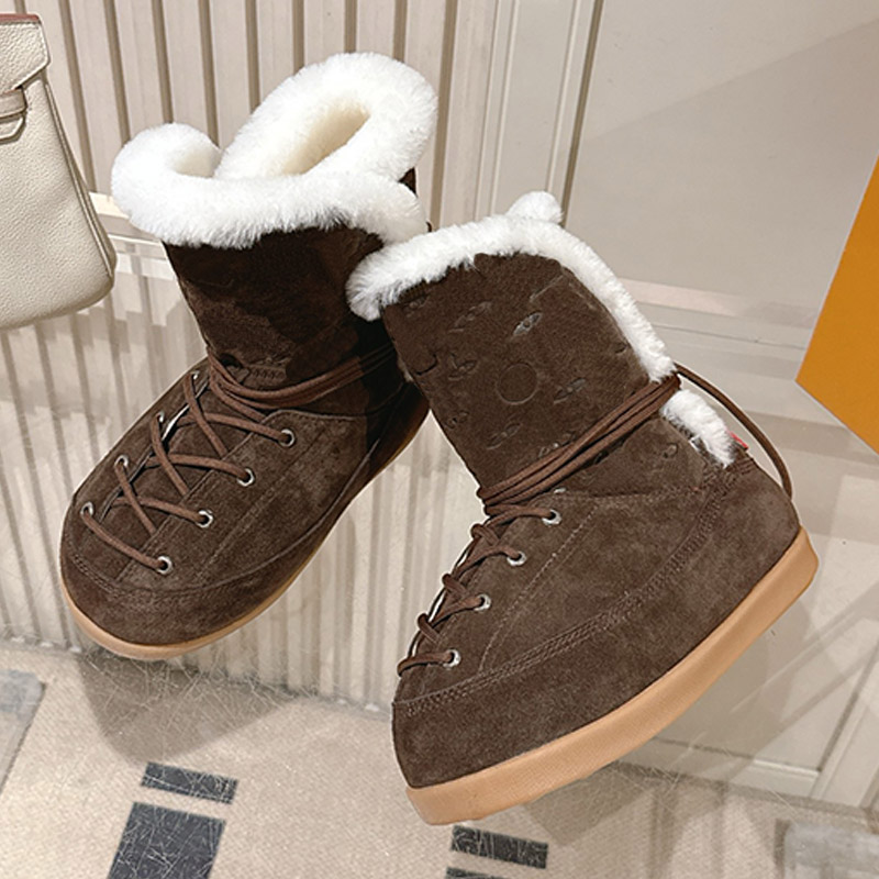 Womens Suede Lace Up Snow Boots Non Slip Flat Thick Plush Lining Free Elastic Band Bottom Flip Up Fur Collar Winter Warm Booties