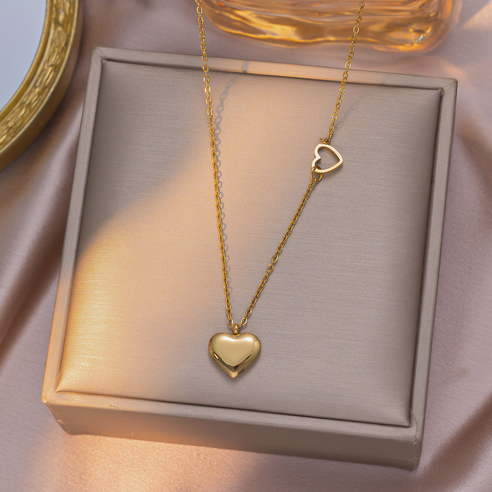 French-Style Elegant And Fashionable Ins-Style 18K Gold Stainless Steel Double Heart Pendant Necklace, A Versatile Clavicle Chain For Women