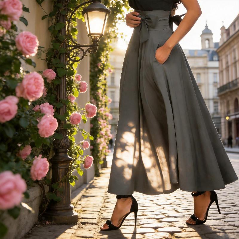 Designer Women Lace-Up A-Line Midi Skirt Elegant Office Solid Color Flared High Waist Long Skirt S-XL