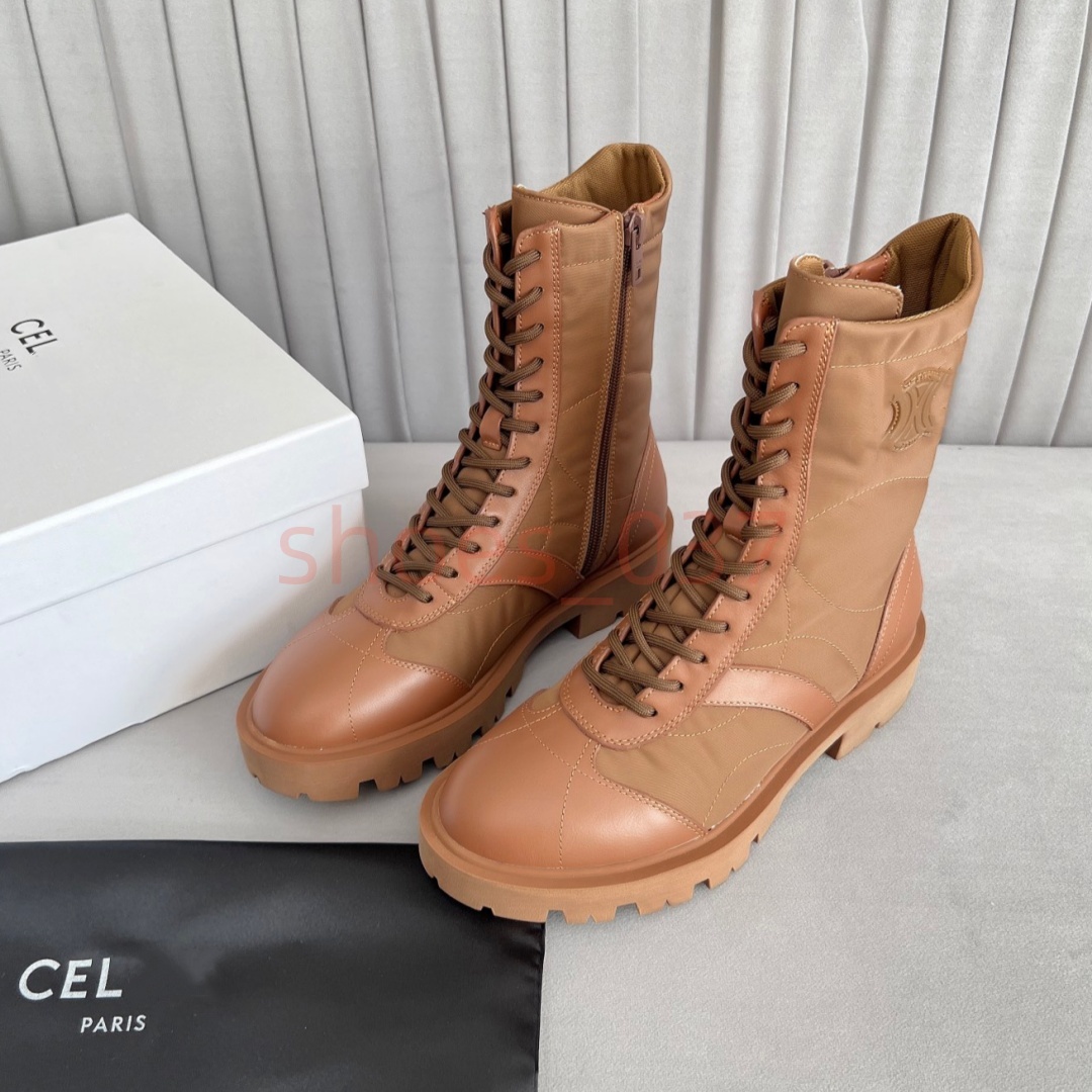 Winter Luxury Designer Suede Leather Splice Nylon Mid Calf Boots Women Quilted Lace Up Combat Boot Chunky Sole Side Zip Riding Long Shoes size 35-41