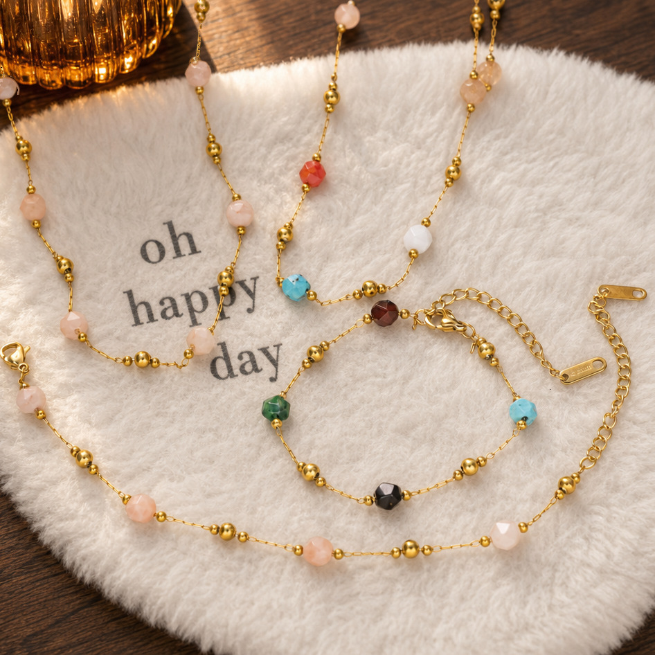 Cross-Border Best-Selling Colorful Natural Stone Faceted Titanium Steel Necklace Women, Featuring Exquisite Irregular Beaded Designs, Perfect For La