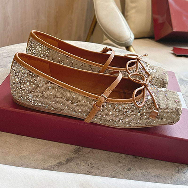Womens luxury Rhinestone ballet flats Classic squared tucked toe cap delicate bow Ladies ballet shoes High level of comfort soft padded Ladies Party