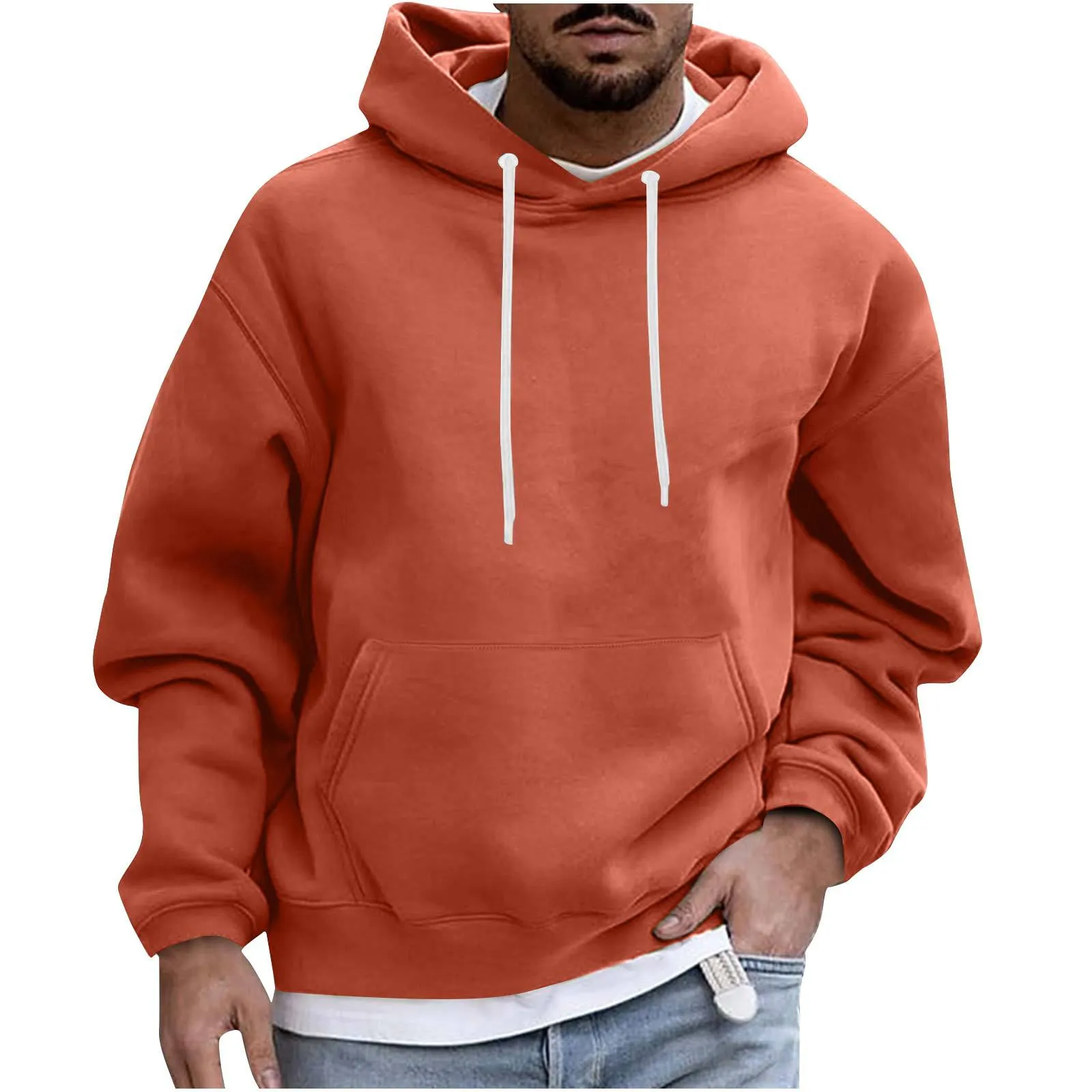Sweat à capuche de couleur unie pour hommes, sweat-shirt ample à épaules tombantes avec cordons blancs et poche kangourou, haut à capuche décontr