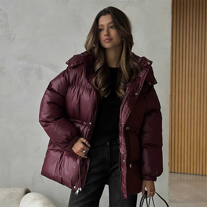 Hooded Womens Down Jacket Drawstring Waist Warm Parker Coat Solid Pocket Outwear 2025 Winter Thicken Long Coats S261014AR7B