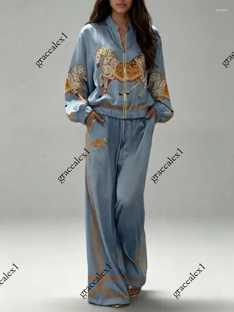 Women's Two Piece Pants Autumn Animal Print Coat Trousers Suit Women Zipper Casual Long Sleeve Female Coats Satin 2 Pieces Set High Waist