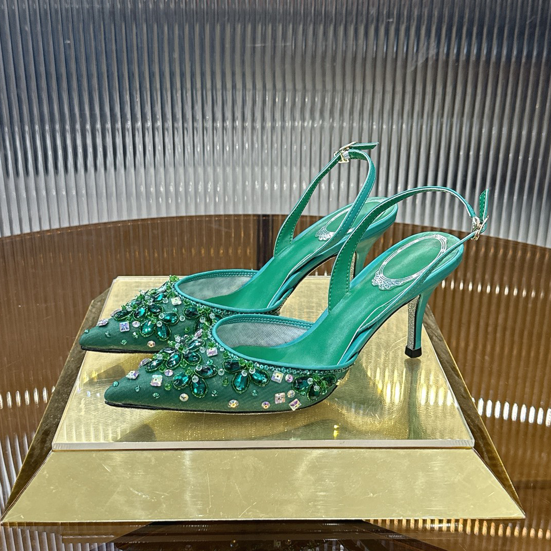 RENE Slingbacks mit niedrigem Absatz für Damen, Kristall-Hochzeitsschuhe, luxuriöse Designer-Sandalen, modische Spitze, hohle Perle, 7,5 cm hohe Abs
