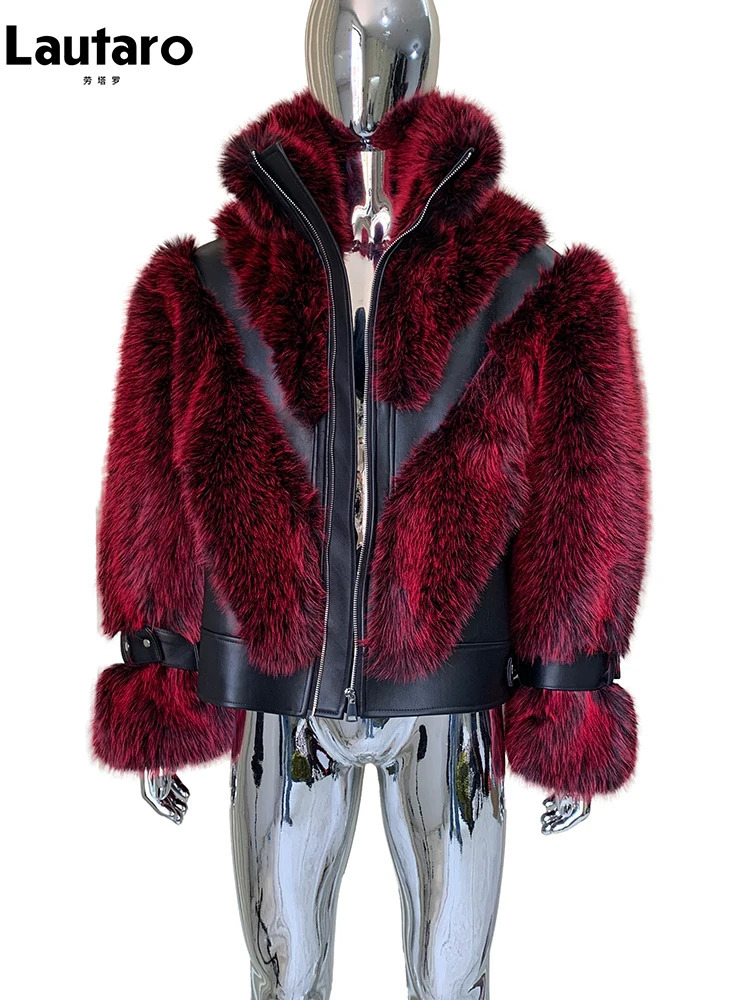 Lautaro Winter Cool Thick Warm Color Block Faux Fur Coat Men Stand Collar y Zip Up Fluffy Jacket Runway European Fashion 261008