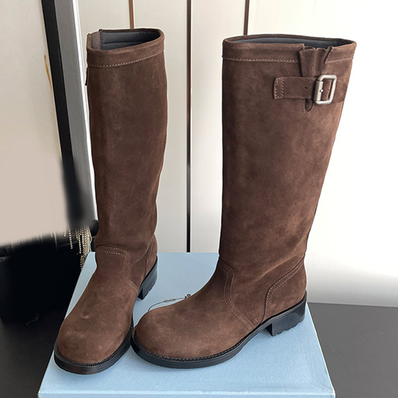 Designer Retro Color Blocked Thick Soled Half Boots Womens Winter Warm Suede Non Slip Outsole Cowhide Knight Boots Party Daily Outfit