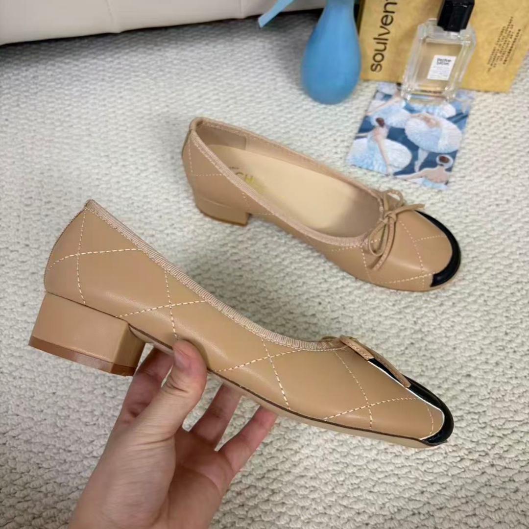 Designer ballet flats Women Quilted Ballet Block Heel Pumps Two Tone Round Toe Bow Decor Slip On Ladies Elegant Low Heel Dress Shoes for Office Dail