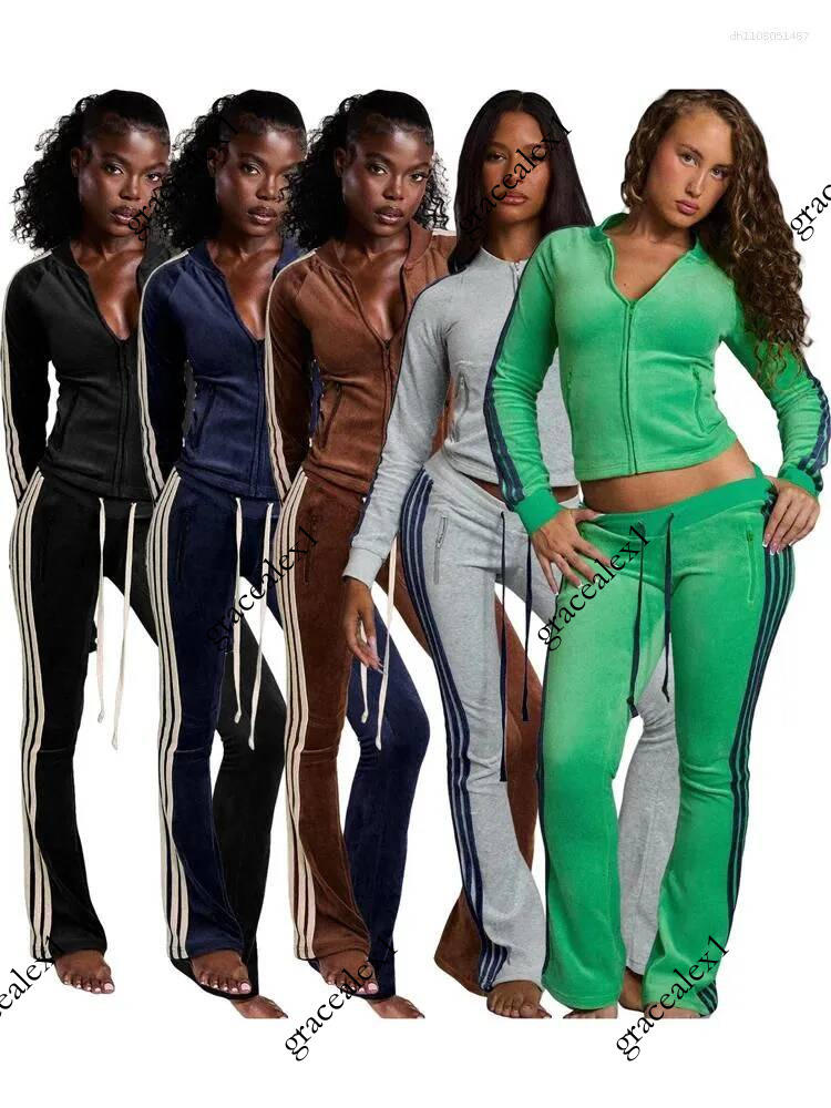 Women's Two Piece Pants 2026 Fall Women Clothing Set Tracksuit Velvet Casual Striped Long Sleeve Zipper Crop Top And Flare