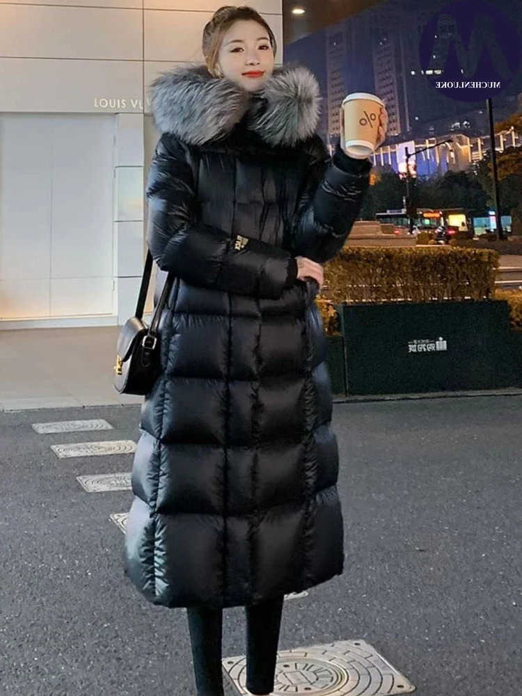 Elegant Womens Hooded Down Jacket with Fur Collar Thick Cotton Coat Slim Long Parkas Winter S261014ILSG