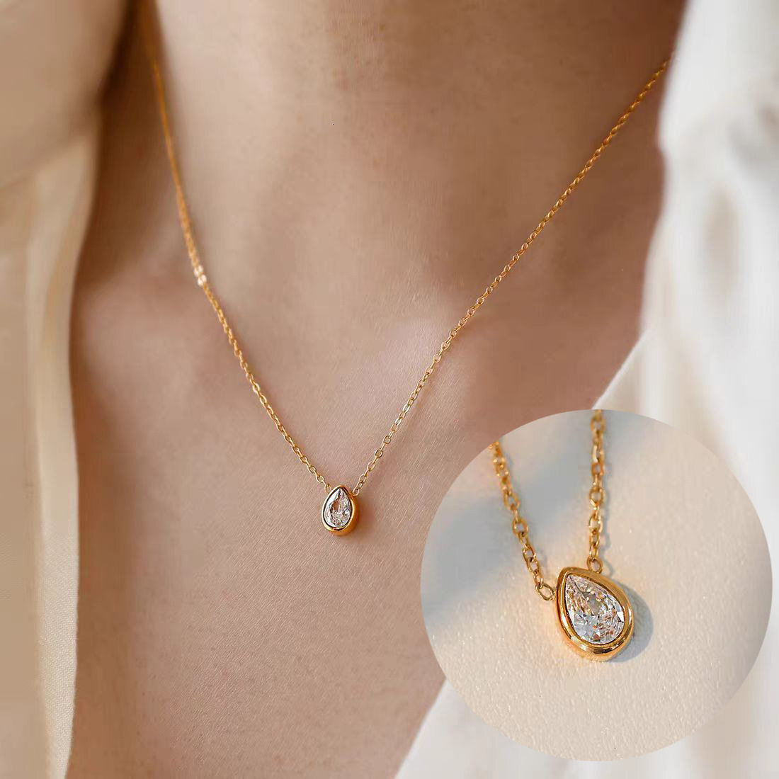 Japanese Korean Style Pear-Shaped Teardrop White Diamond Titanium Steel Necklace For Women, Exquisite, Versatile, High-End, Fashionable, And Minimal