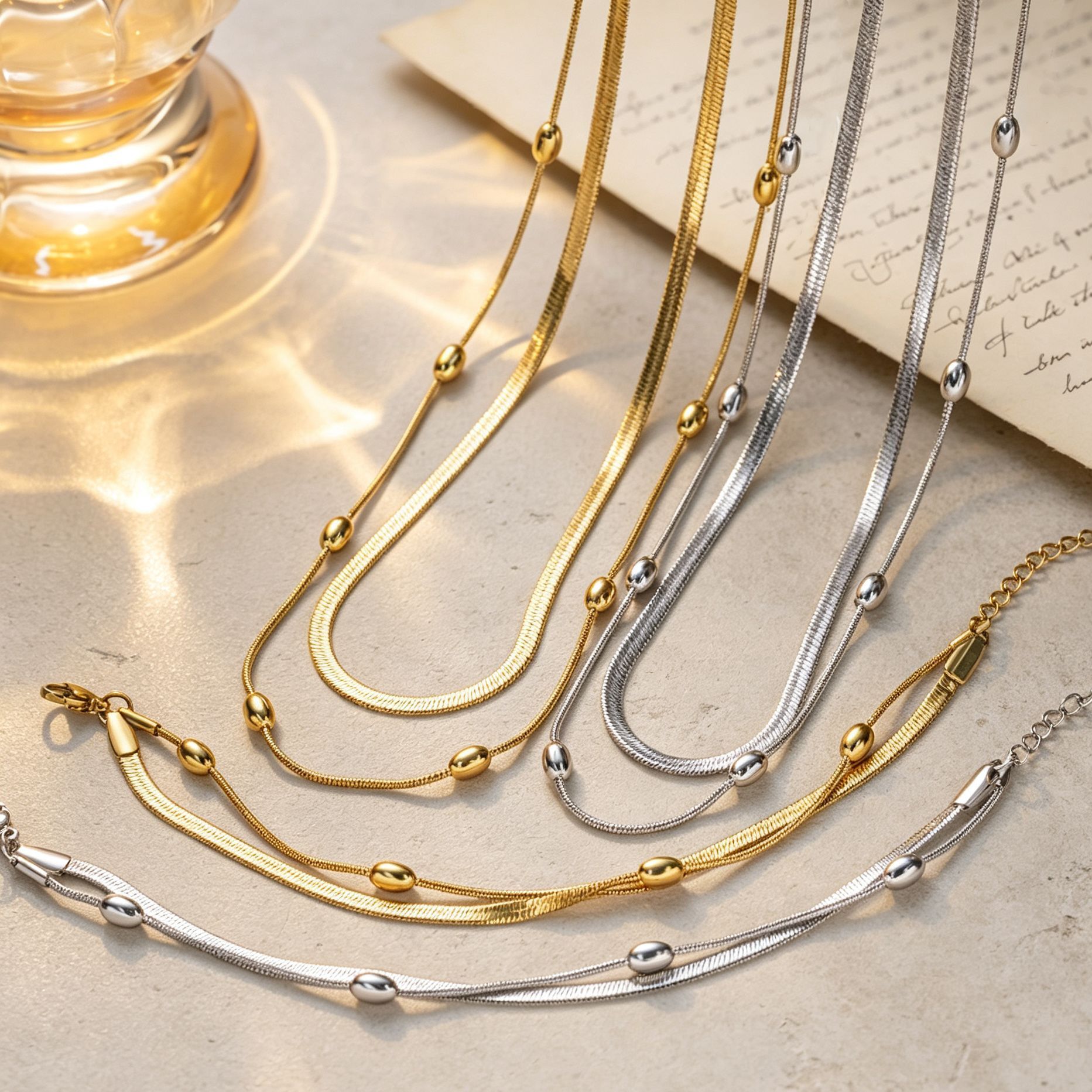 European American Cross-Border Double-Layer Blade Oval Bead Titanium Steel Necklace, Niche Design Women, Offering A Light Luxury Versatile Style Sui