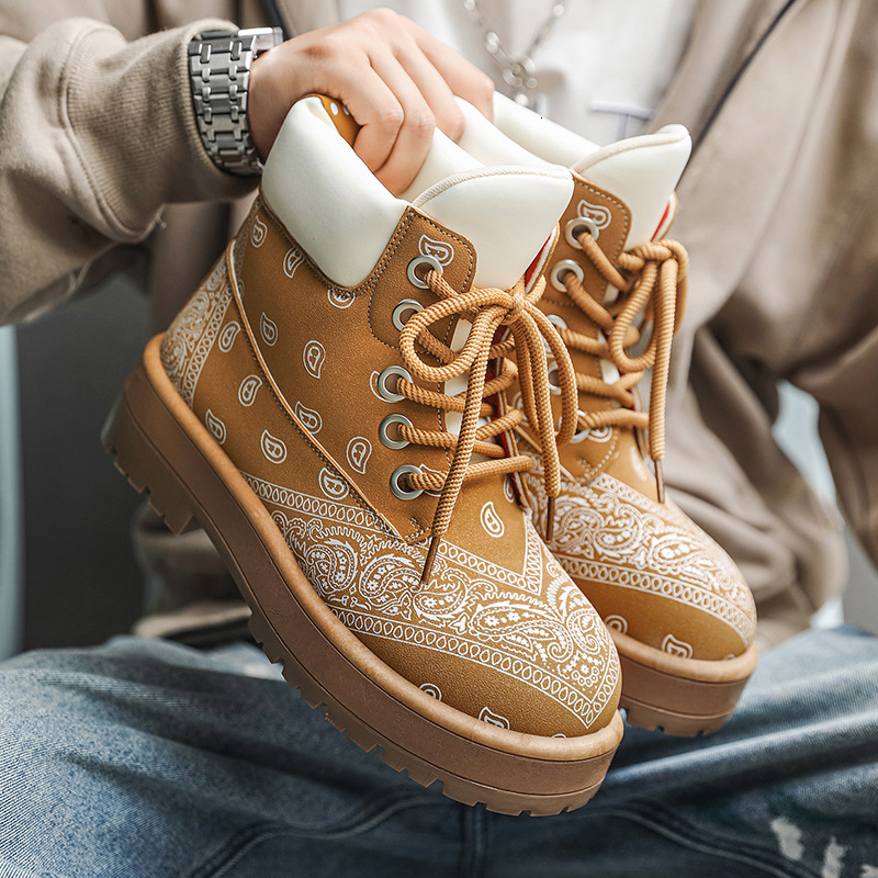 New style cashew flower boots - high-top men's shoes, retro thick-soled, height-increasing work boots
