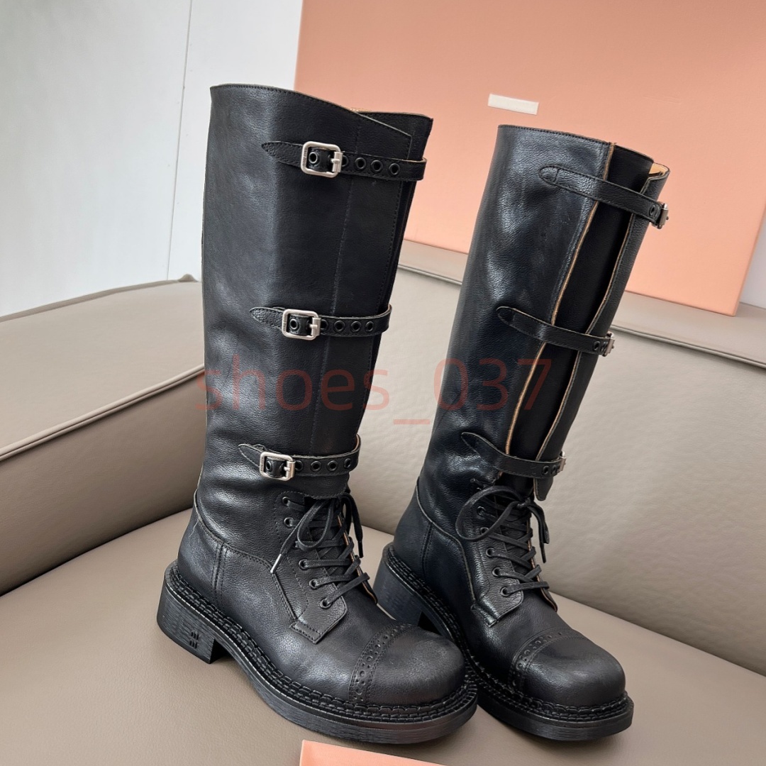 TOP quality Winter Luxury Designer Buckle Strap Knee High Boots Women Genuine Leather Round Toe Thick Sole Punk Military Tactical Riding Shoes Size