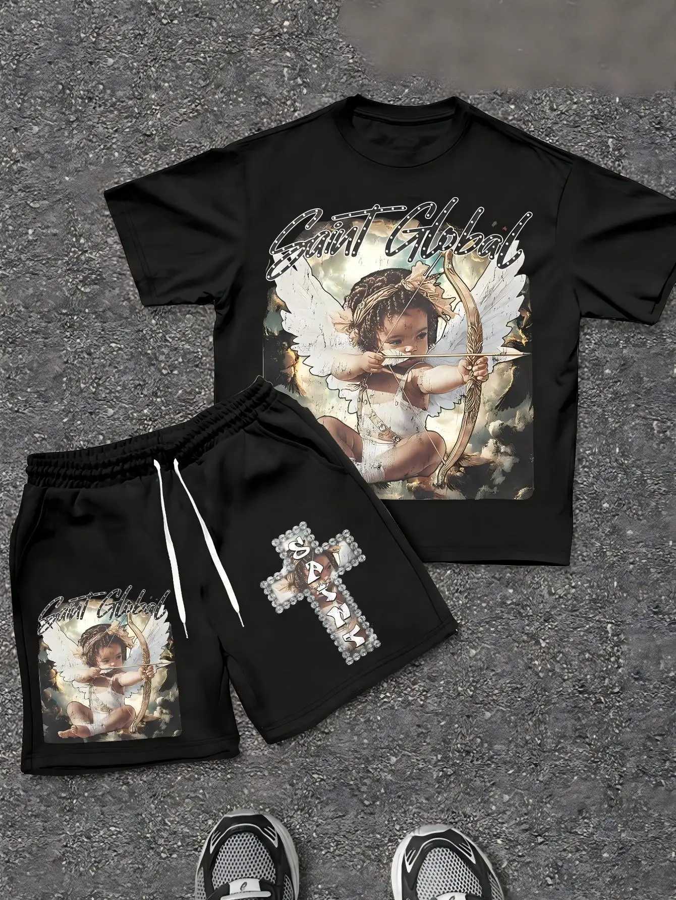 2026 Summer New Men's Short-Sved Set with 3D Angel Pattern Print for Street Casual Fashion Comfortable and Breathable Q261015