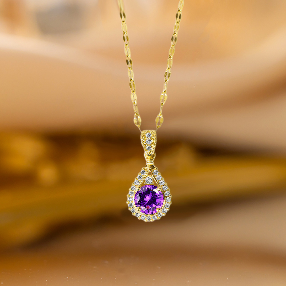 Light Luxury Fashion Purple Water Drop Zircon Micro Inlay Necklace For Women Versatile New Trendy Hot Fan-Shaped Pendant Collarbone Chain