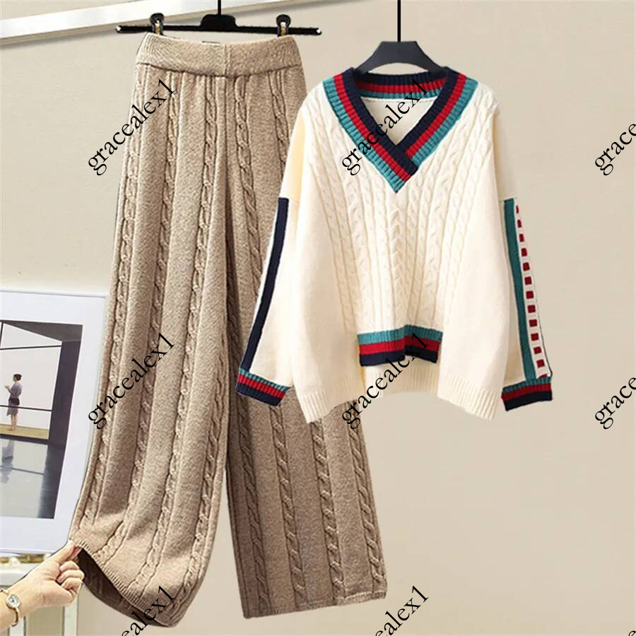 Designer Womens Two Piece Pants Plus Size Tracksuit Women High Quality Winter Thickend Warm V neck Pullover Sweater Wide Leg Knitted Suit 2 Set