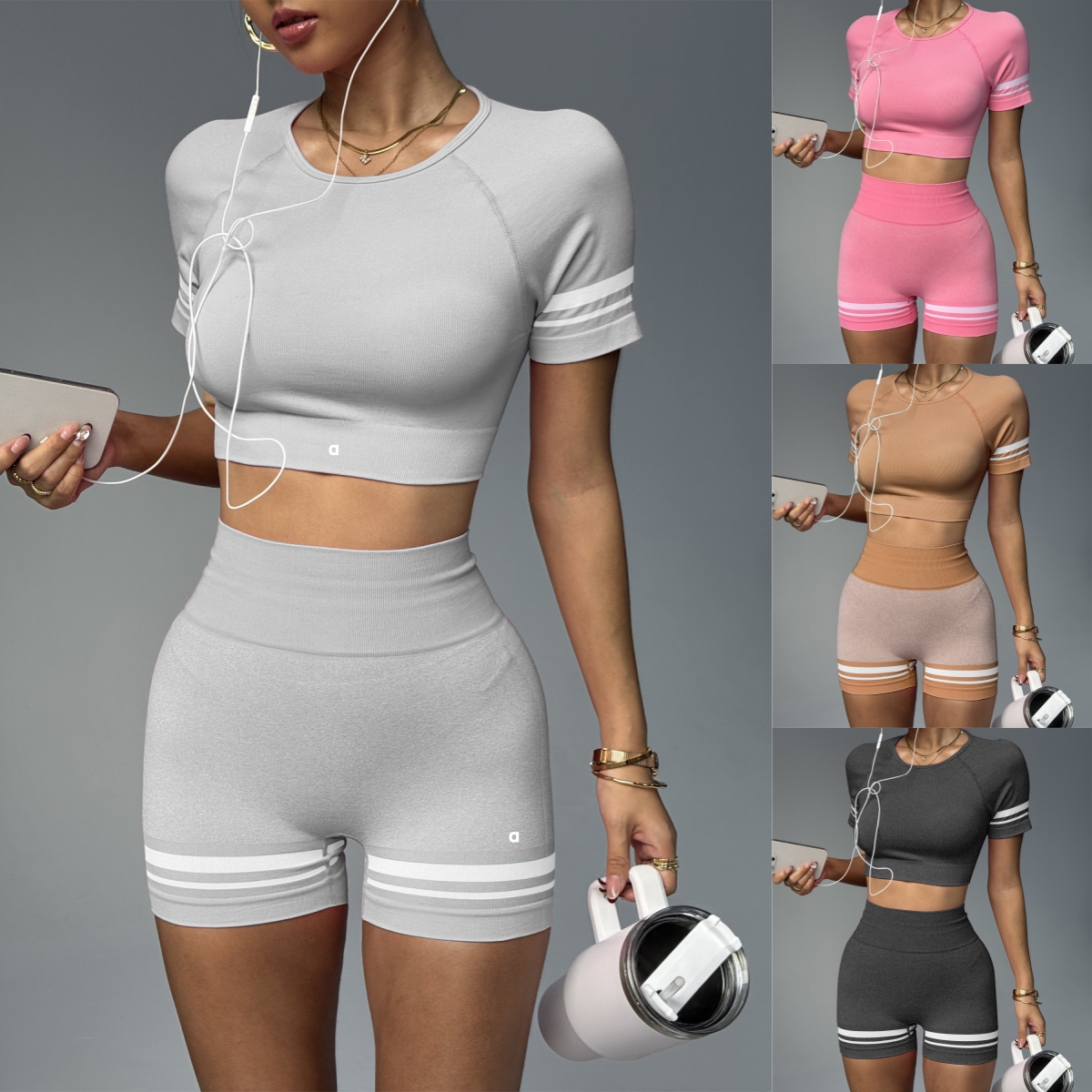A3128 Two-Tone Yoga Set Midriff-Baring Short-Sleeve Top Running Shorts Women's Butt-Lifting Fitness